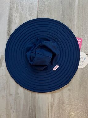 NWT RuffleButts Infant Navy Wide Brim Sun & Swim Hat with Chin Tie, 0-12 months